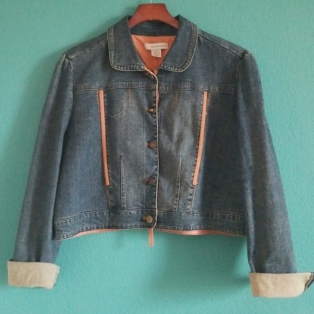 {Chelsea & Theodore} Peach Trim Denim Crop Jacket